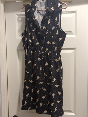 Sleeveless Navy Dress with Cream Animal Print